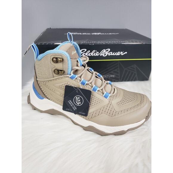 NEW Eddie Bauer Rampart Ridge Mid Women's Size 6 Tan Blue Hiking Boots 120713‎ - Picture 1 of 8